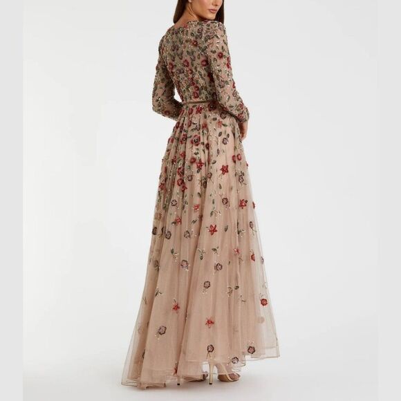 Mac Duggal 5533 Size 6 Beige Red Floral Long Sleeve Beaded Tulle Maxi Dress Gown - Picture 7 of 7
